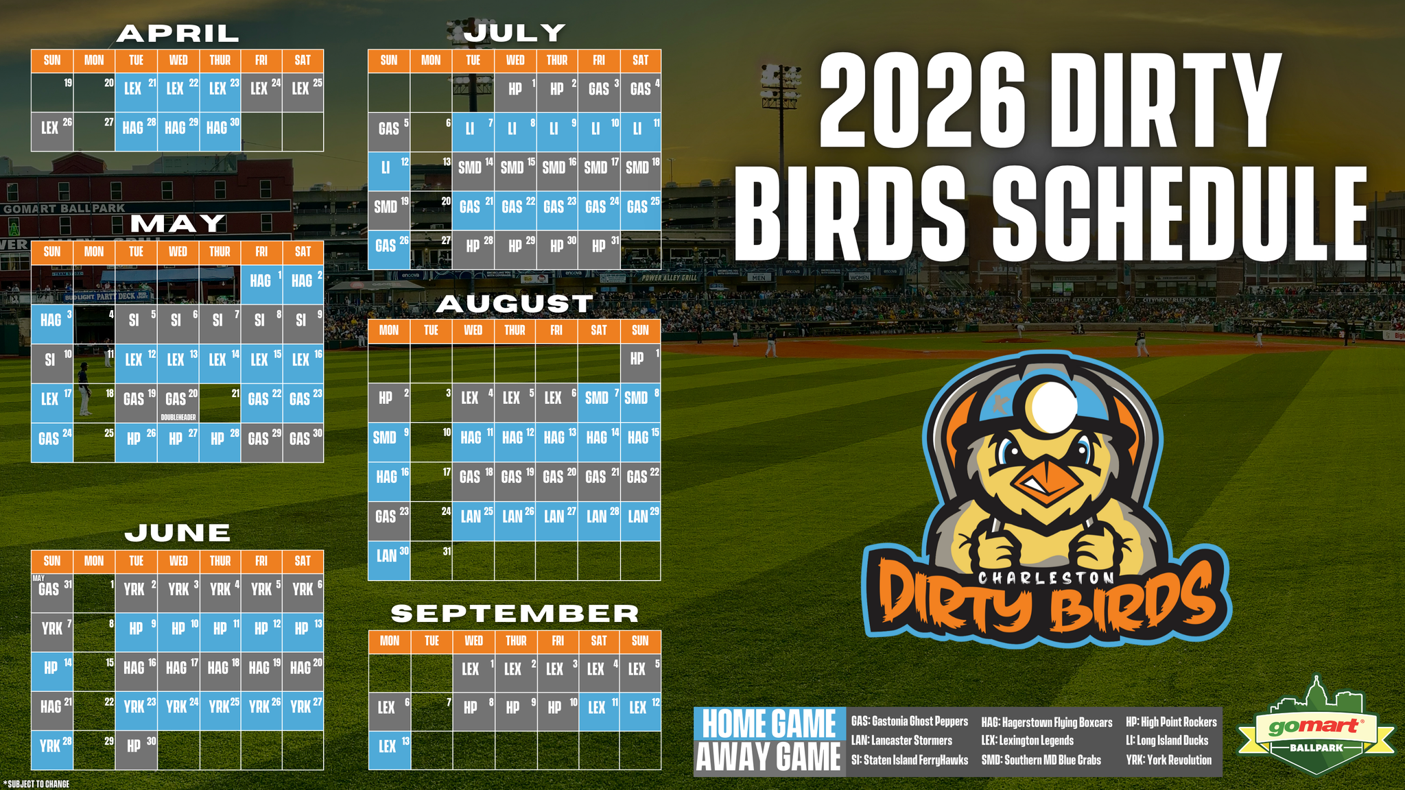 Charleston Dirty Birds 2026 Baseball Schedule is Announced Dirty Birds 2026 Home Opener Set for April 21